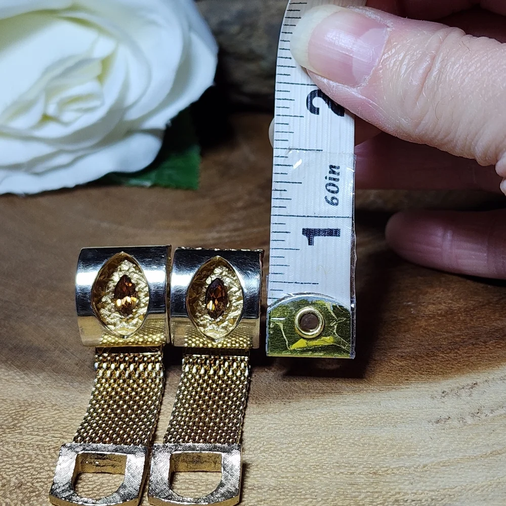Vintage RARE Gold Tone Mesh Wrap Cufflinks Faux Topaz Citrine Colored Gemstones